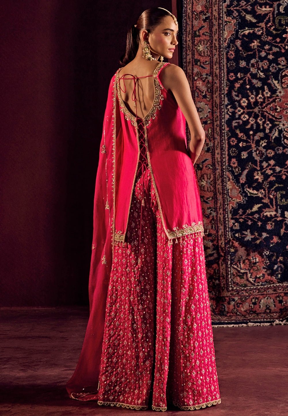 hot pink brocade silk kurta sharara set festive wedding guest outfit