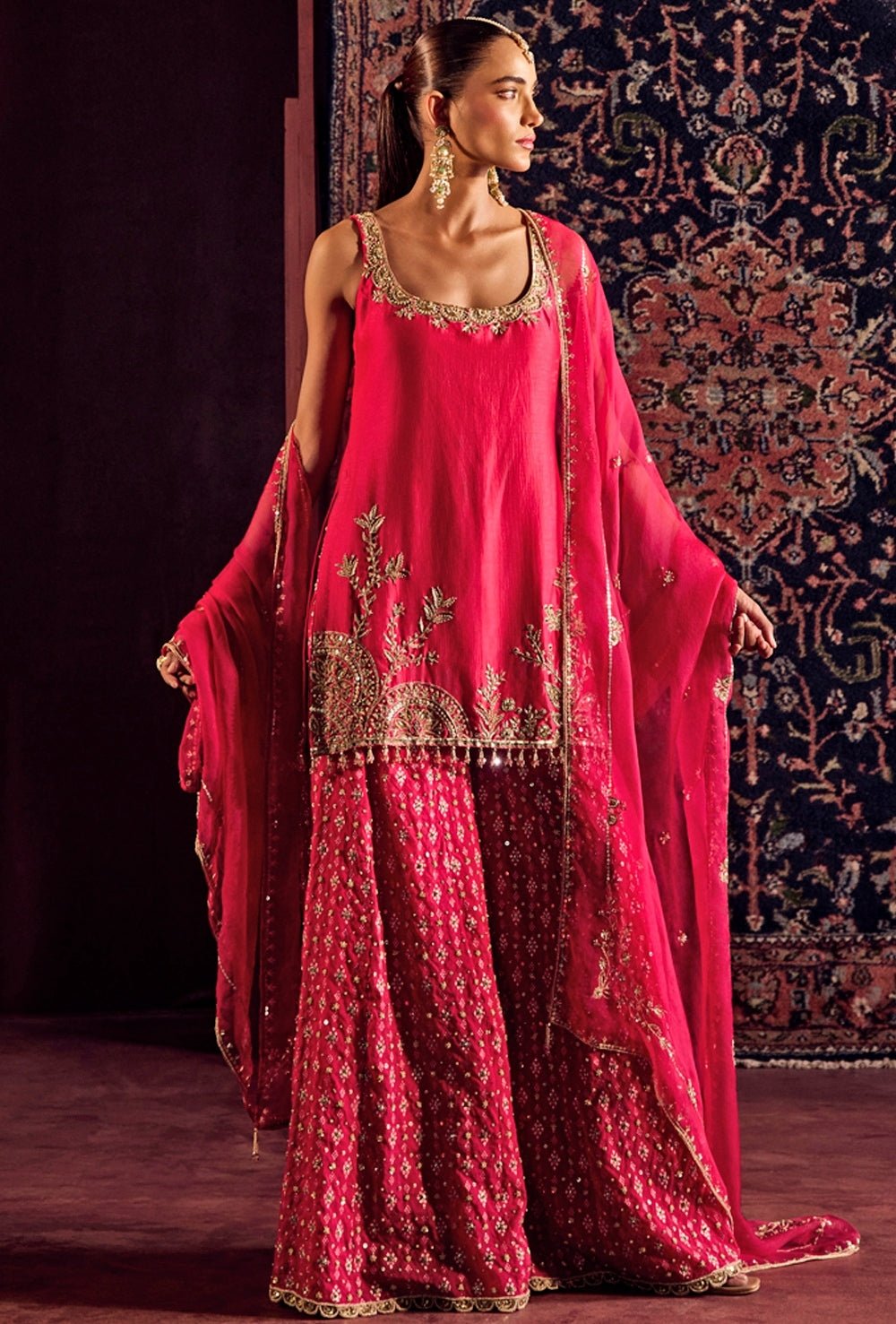 Hot pink brocade silk sharara set for Punjabi Sangeet