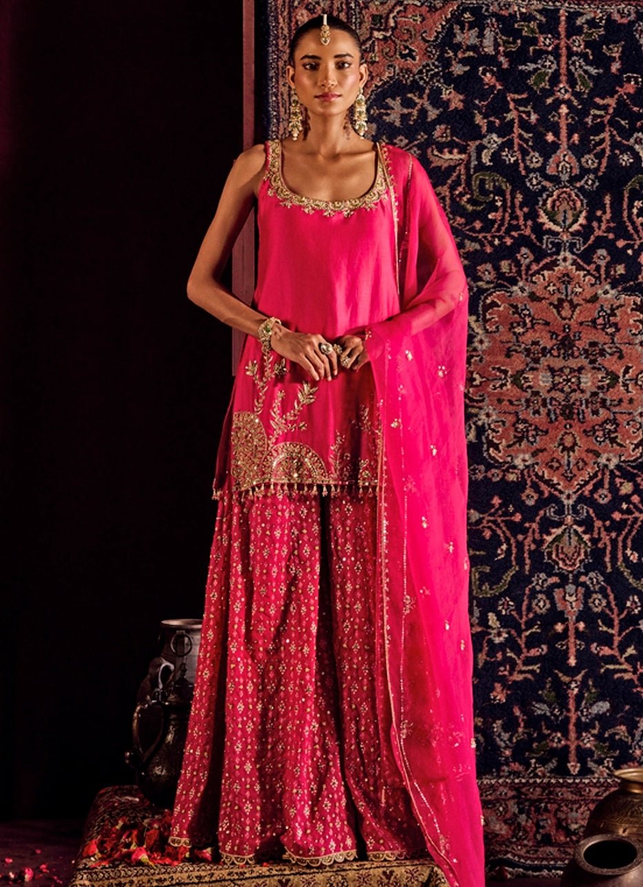 Hot pink brocade kurta sharara set — eid kurta set for a new bride with modern richness