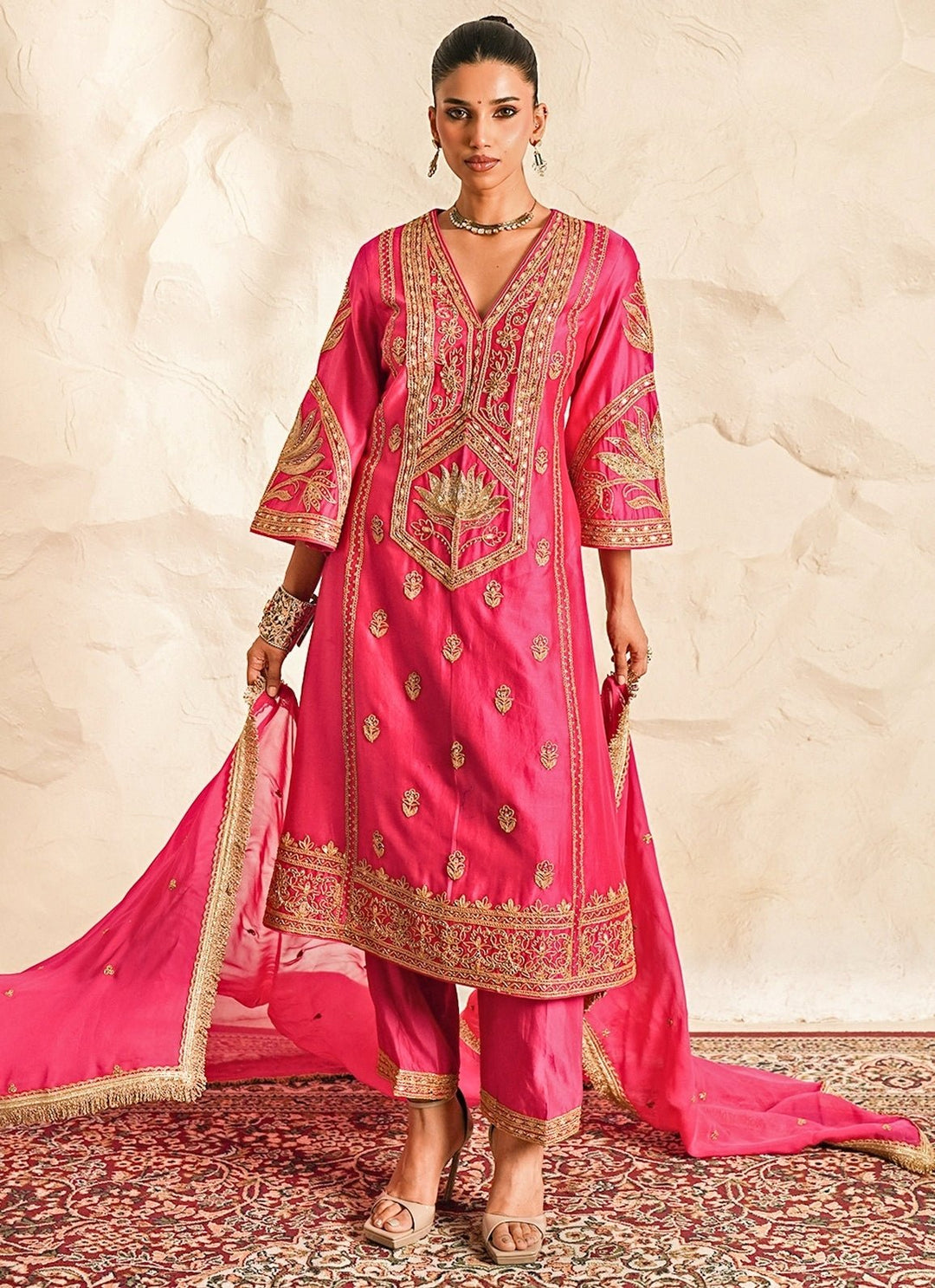 Nidhika Shekhar Hot Pink Chanderi Kurta Pants SetFabilicious Fashion