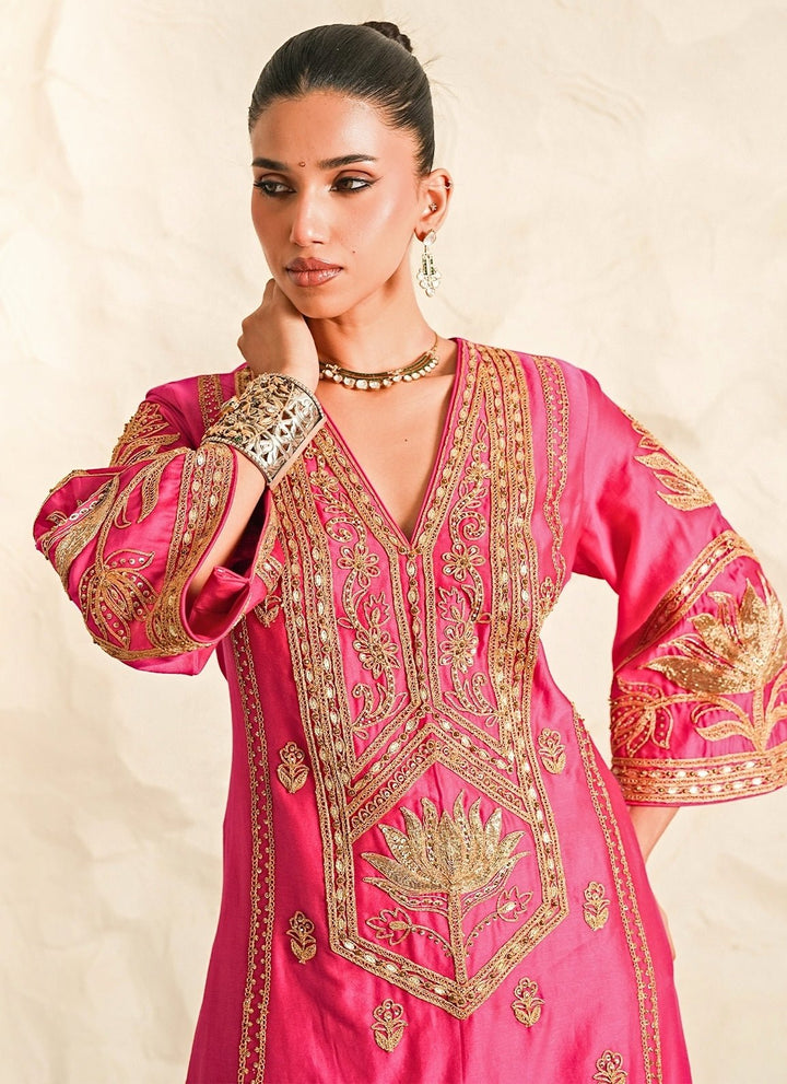 Nidhika Shekhar Hot Pink Chanderi Kurta Pants SetFabilicious Fashion