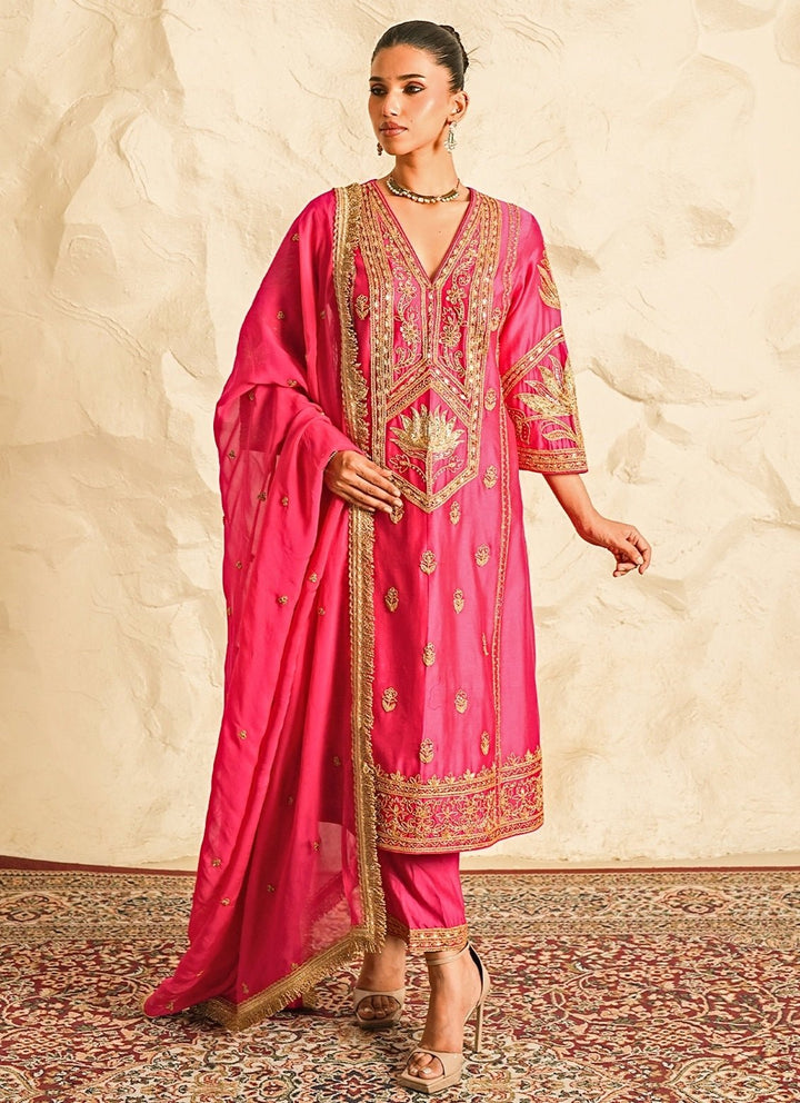 Nidhika Shekhar Hot Pink Chanderi Kurta Pants SetFabilicious Fashion