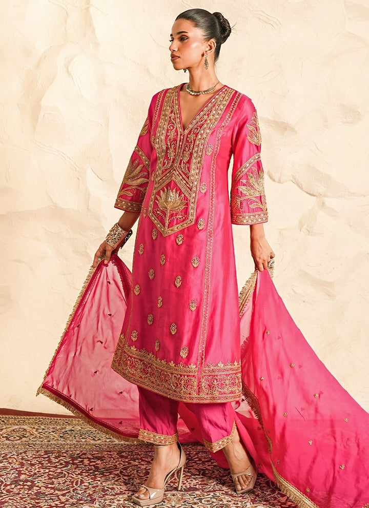 Nidhika Shekhar Hot Pink Chanderi Kurta Pants SetFabilicious Fashion