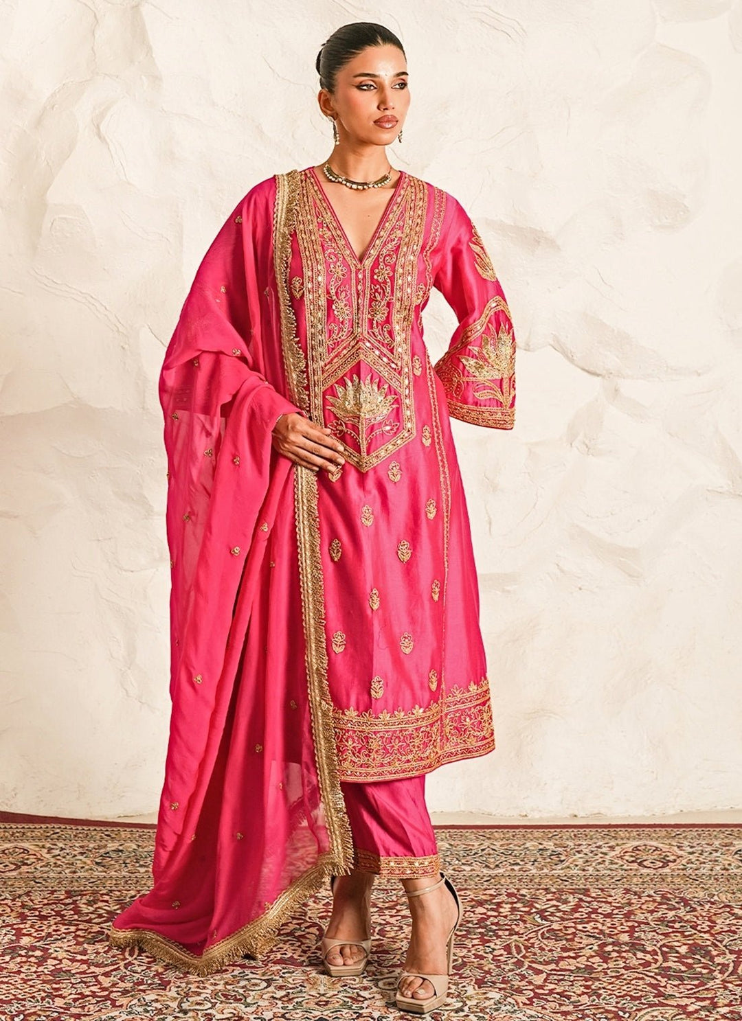 Nidhika Shekhar Hot Pink Chanderi Kurta Pants SetFabilicious Fashion