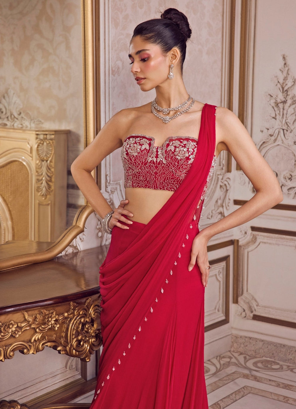 Hot Pink Chiffon Pre - Draped Saree With Corset Blouse Sanya Gulati - Fabilicious Fashion