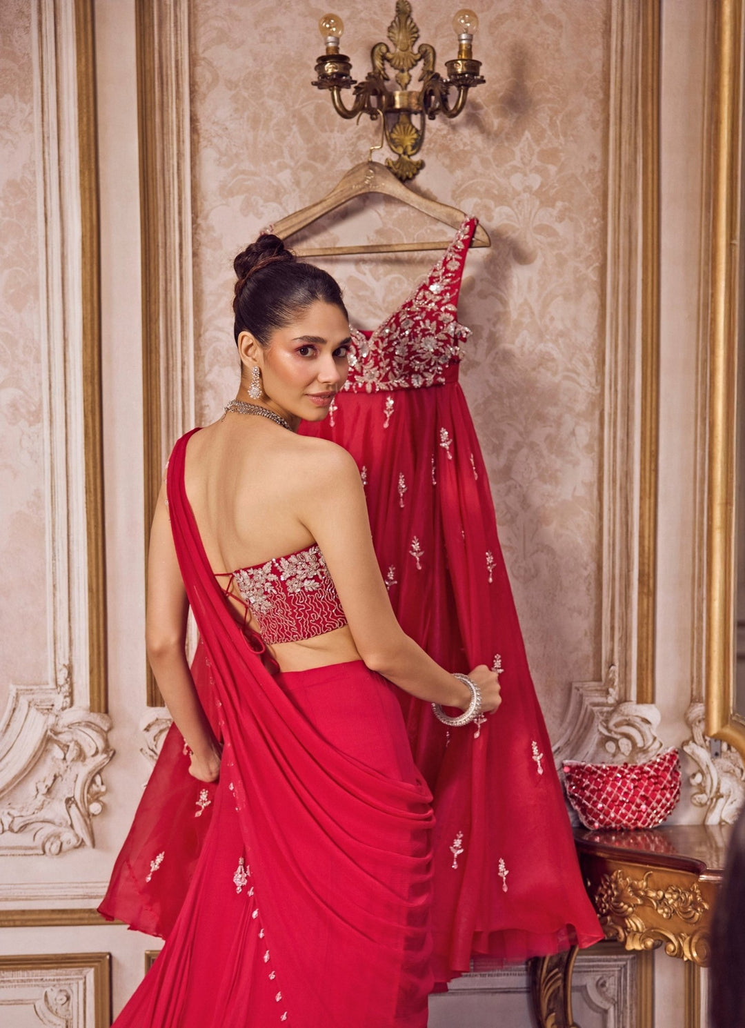 Hot Pink Chiffon Pre - Draped Saree With Corset Blouse Sanya Gulati - Fabilicious Fashion