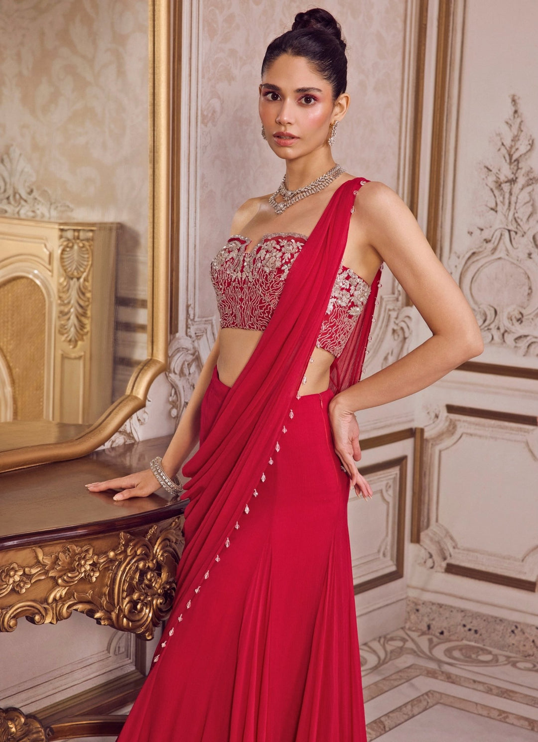 Hot Pink Chiffon Pre - Draped Saree With Corset Blouse Sanya Gulati - Fabilicious Fashion