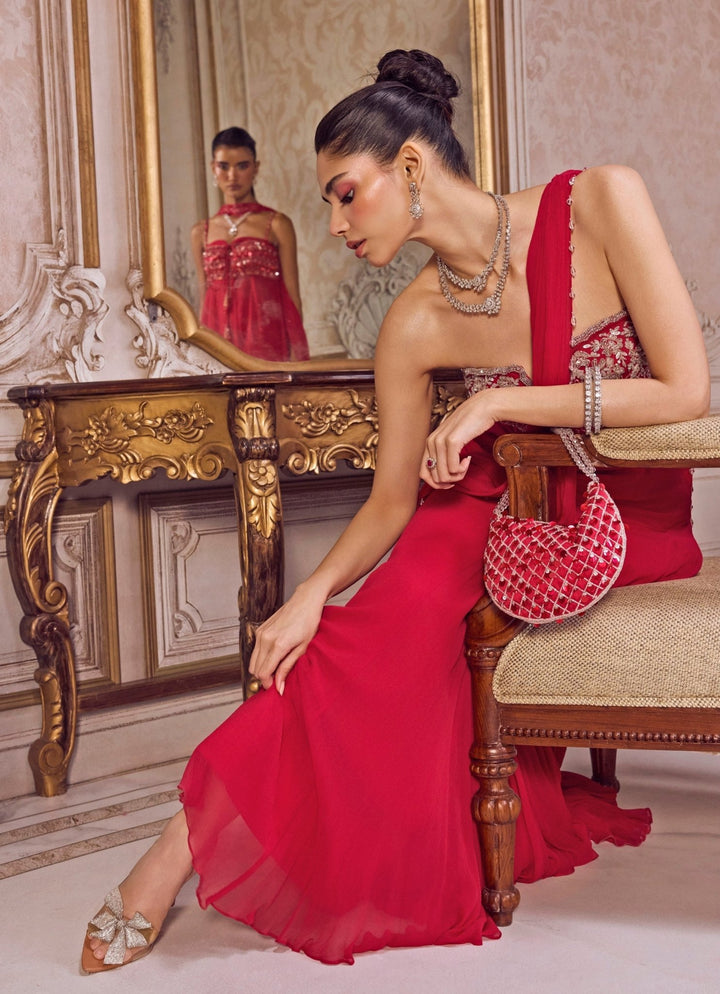 Hot Pink Chiffon Pre - Draped Saree With Corset Blouse Sanya Gulati - Fabilicious Fashion