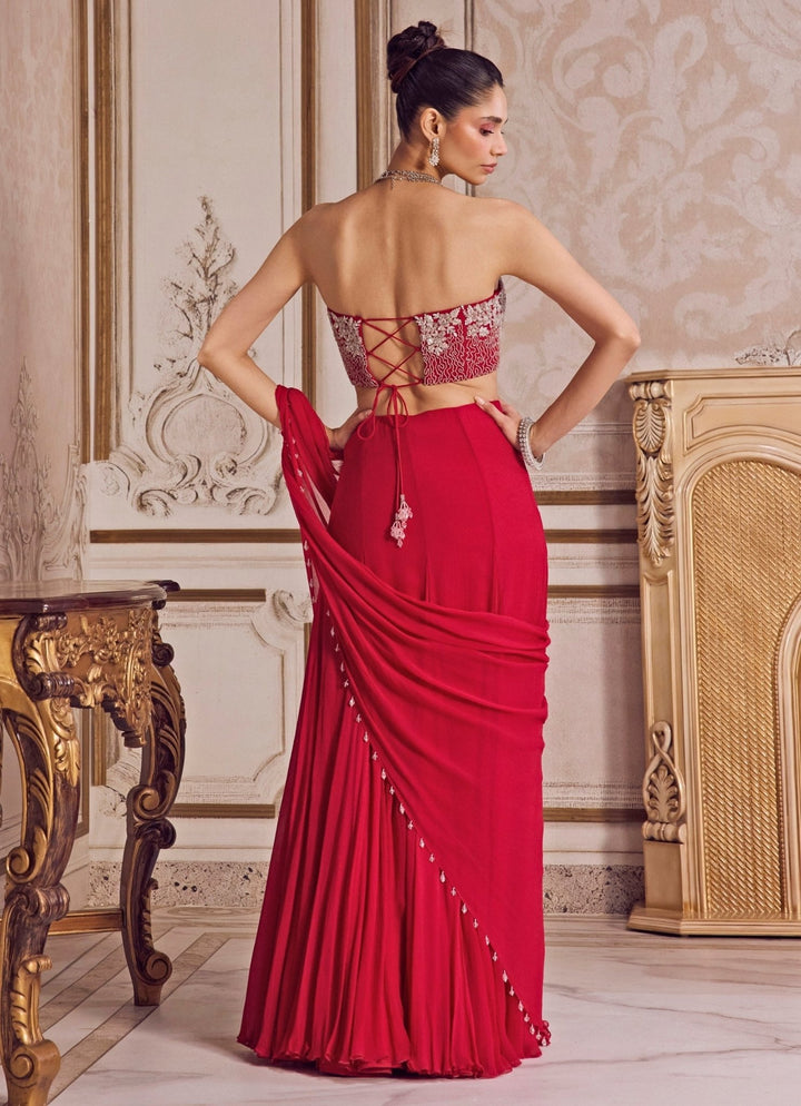 Hot Pink Chiffon Pre - Draped Saree With Corset Blouse Sanya Gulati - Fabilicious Fashion