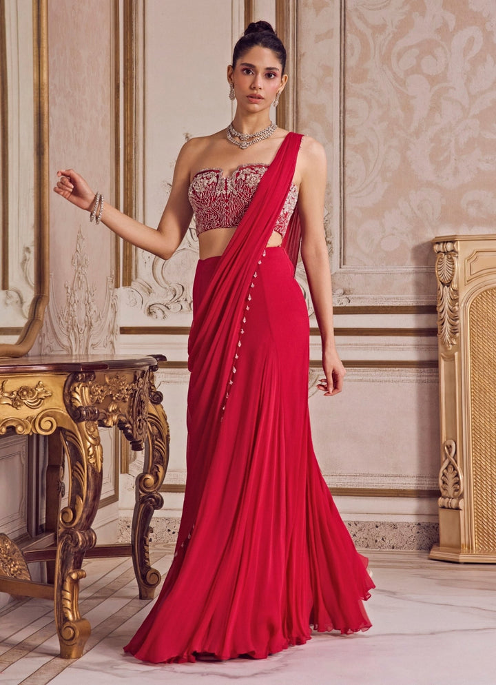 Hot Pink Chiffon Pre - Draped Saree With Corset Blouse Sanya Gulati - Fabilicious Fashion