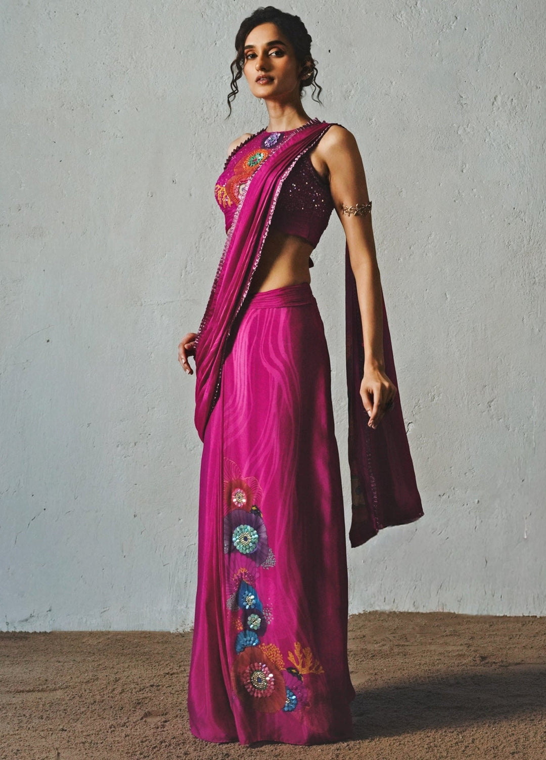 Hot Pink Chiffon Pre Draped Saree With Halter Neck Blouse Basil Leaf - Fabilicious Fashion