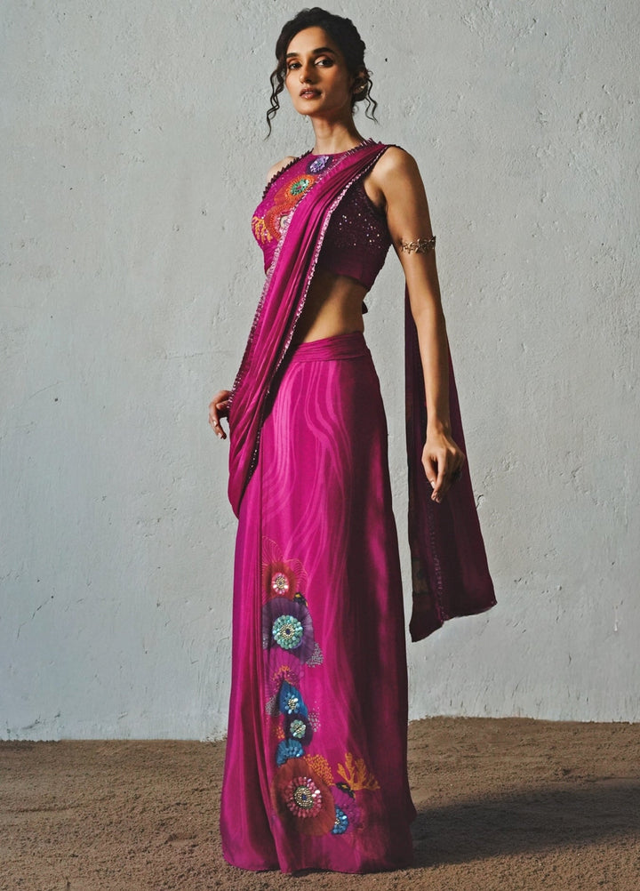 Hot Pink Chiffon Pre Draped Saree With Halter Neck Blouse Basil Leaf - Fabilicious Fashion