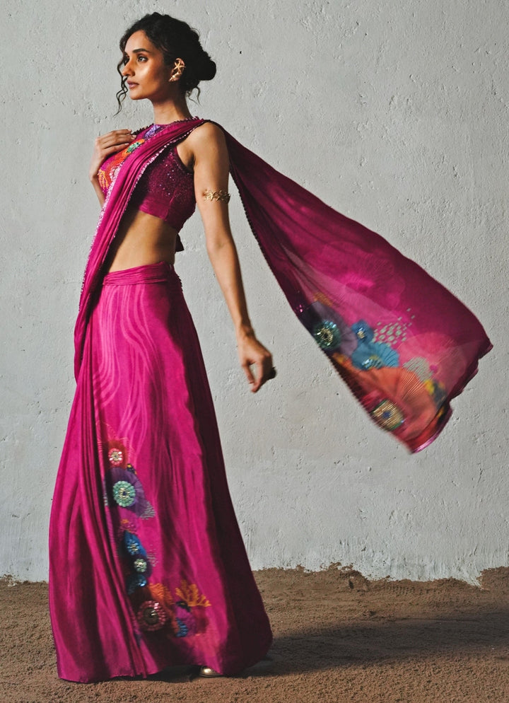 Hot Pink Chiffon Pre Draped Saree With Halter Neck Blouse Basil Leaf - Fabilicious Fashion