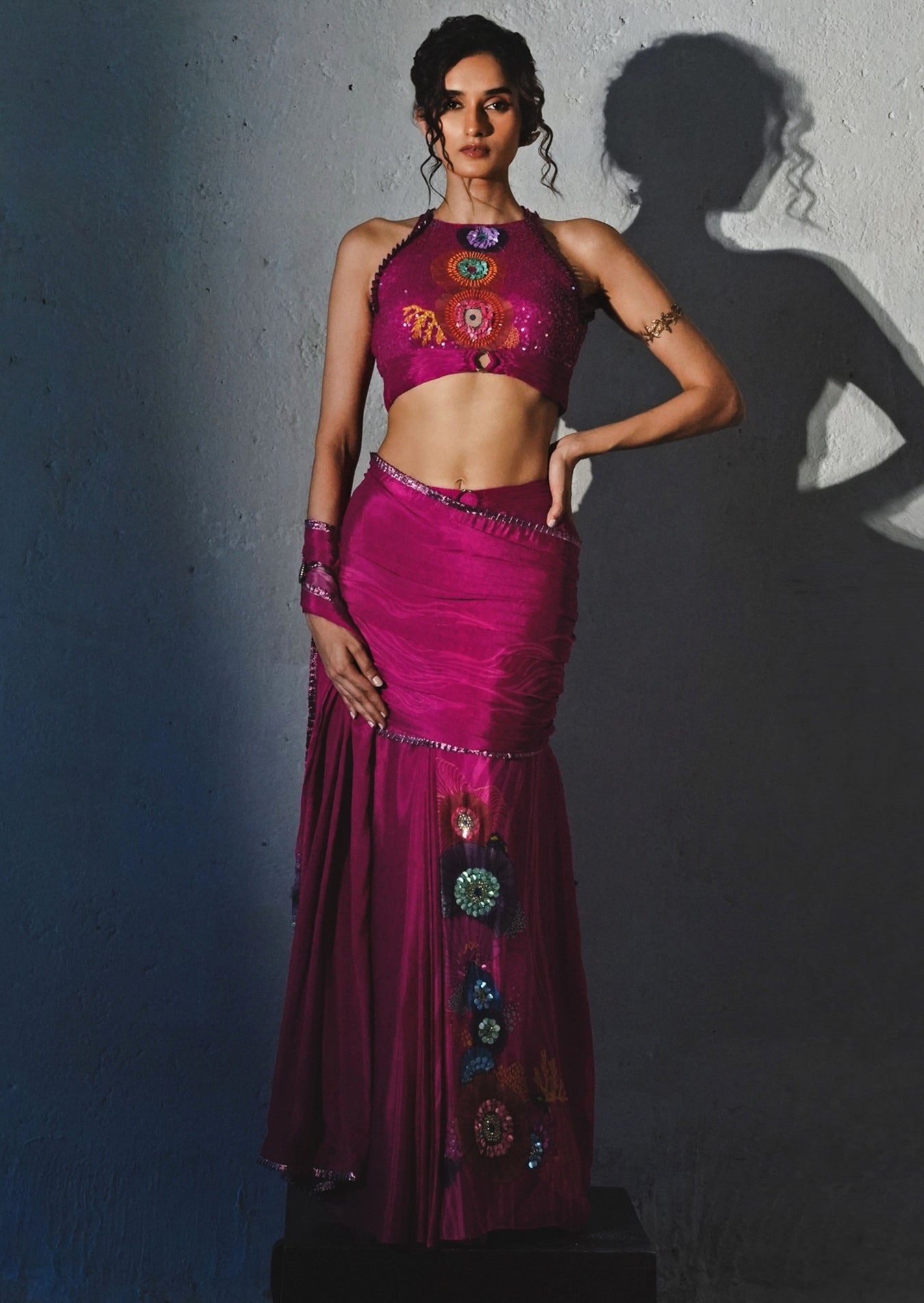 Hot pink chiffon pre draped wedding saree — intimate party and celebration wear