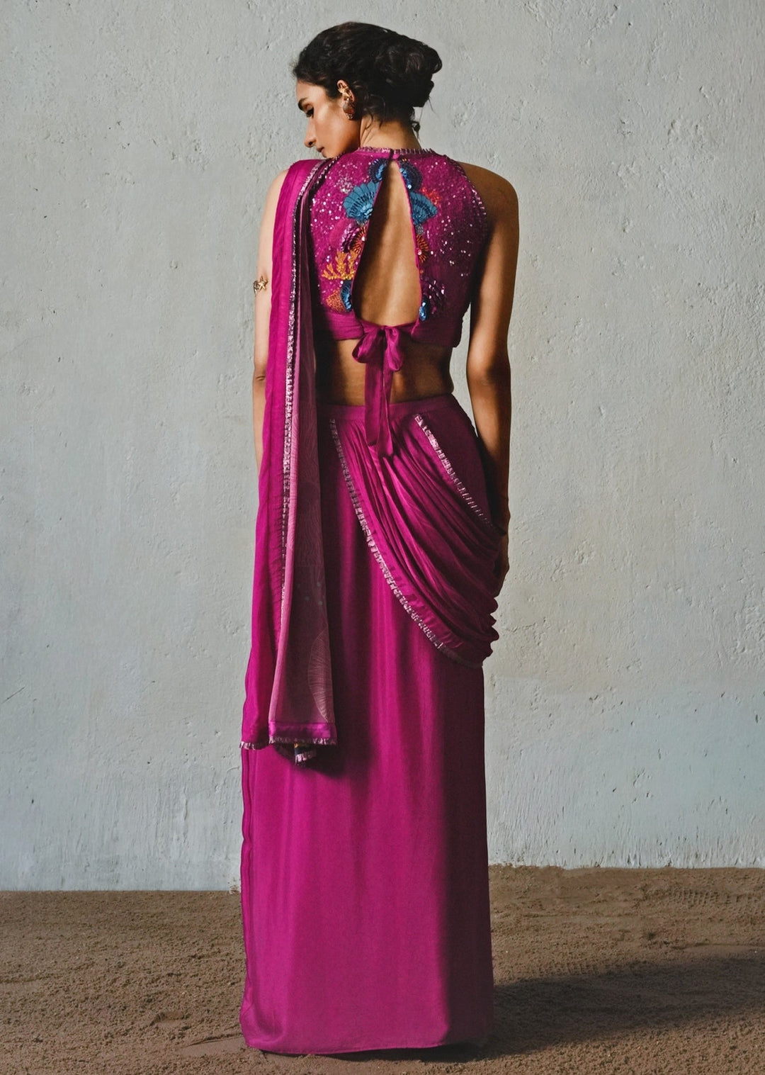 Hot Pink Chiffon Pre Draped Saree With Halter Neck Blouse Basil Leaf - Fabilicious Fashion