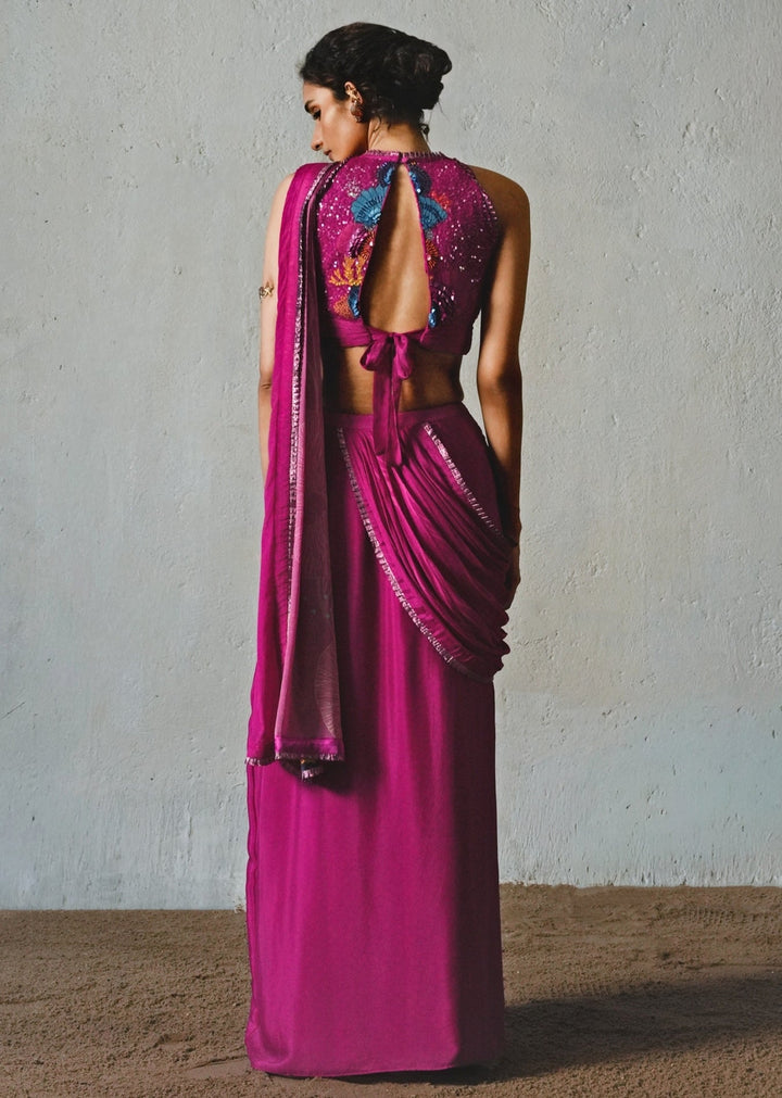 Hot Pink Chiffon Pre Draped Saree With Halter Neck Blouse Basil Leaf - Fabilicious Fashion