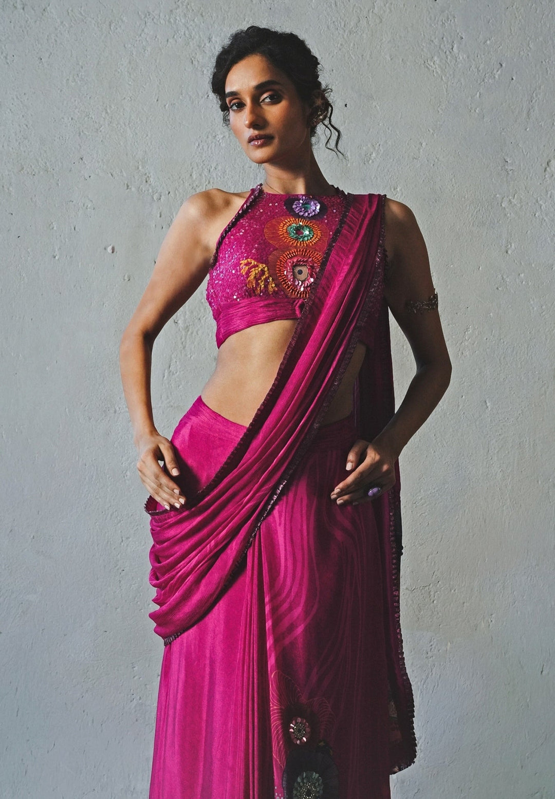 Hot Pink Chiffon Pre Draped Saree With Halter Neck Blouse Basil Leaf - Fabilicious Fashion