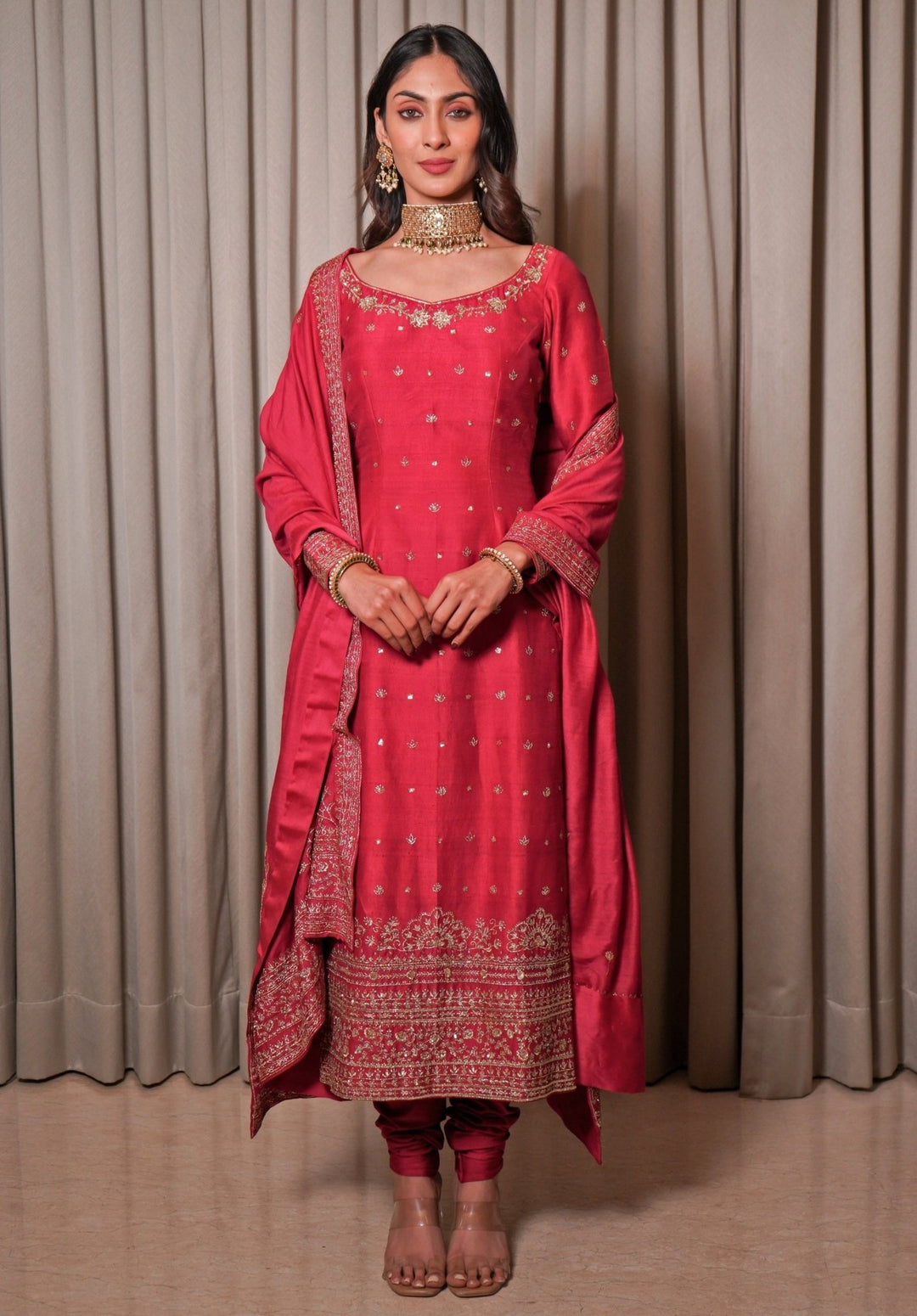 Hot Pink Embroidered Chanderi Kurta Pants Set Esha Koul - Fabilicious Fashion