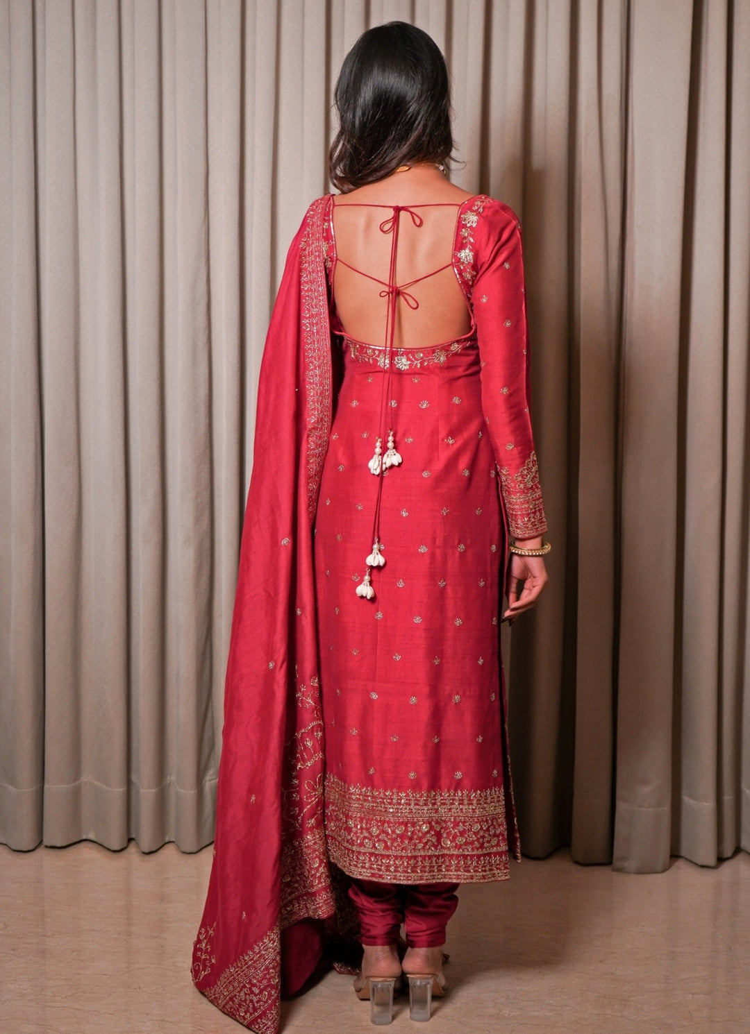 Hot Pink Embroidered Chanderi Kurta Pants Set Esha Koul - Fabilicious Fashion