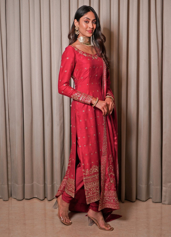 Hot Pink Embroidered Chanderi Kurta Pants Set Esha Koul - Fabilicious Fashion