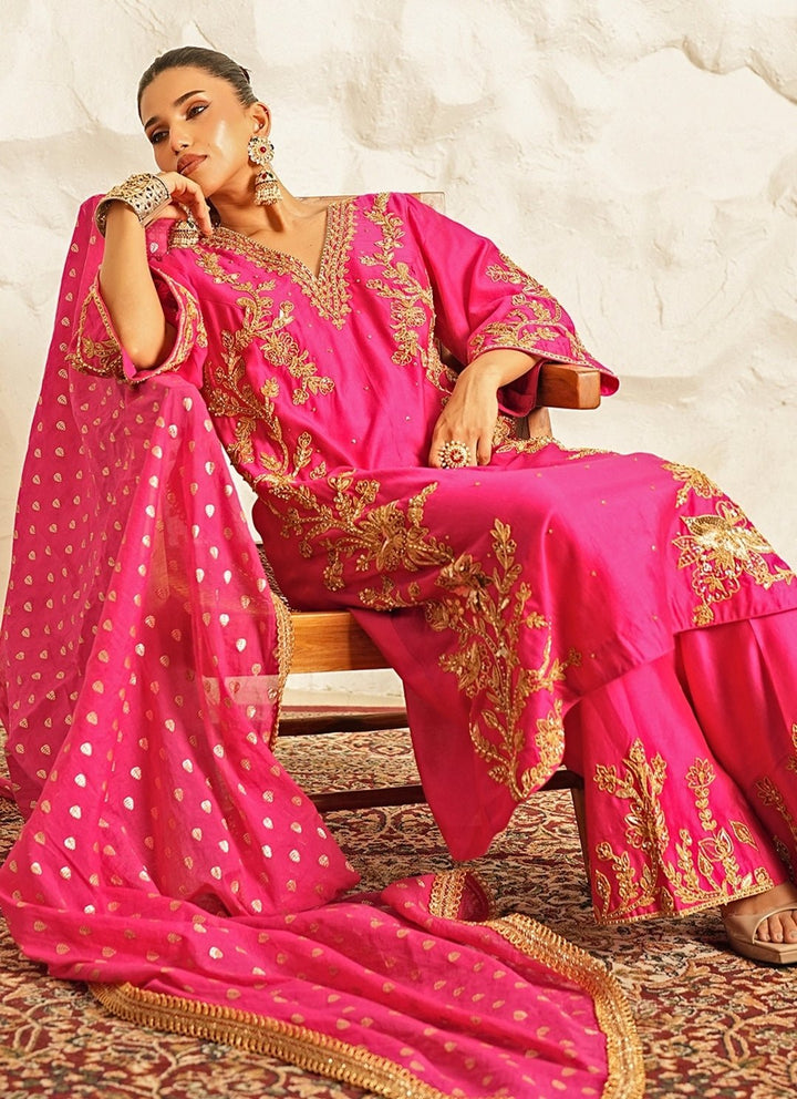 Nidhika Shekhar Hot Pink Embroidered Chanderi Kurta Pants SetFabilicious Fashion