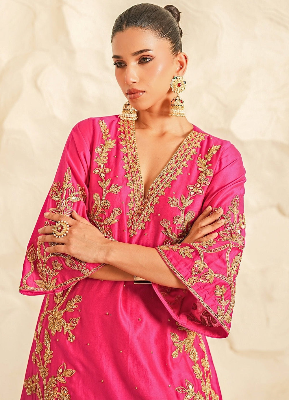 Nidhika Shekhar Hot Pink Embroidered Chanderi Kurta Pants SetFabilicious Fashion