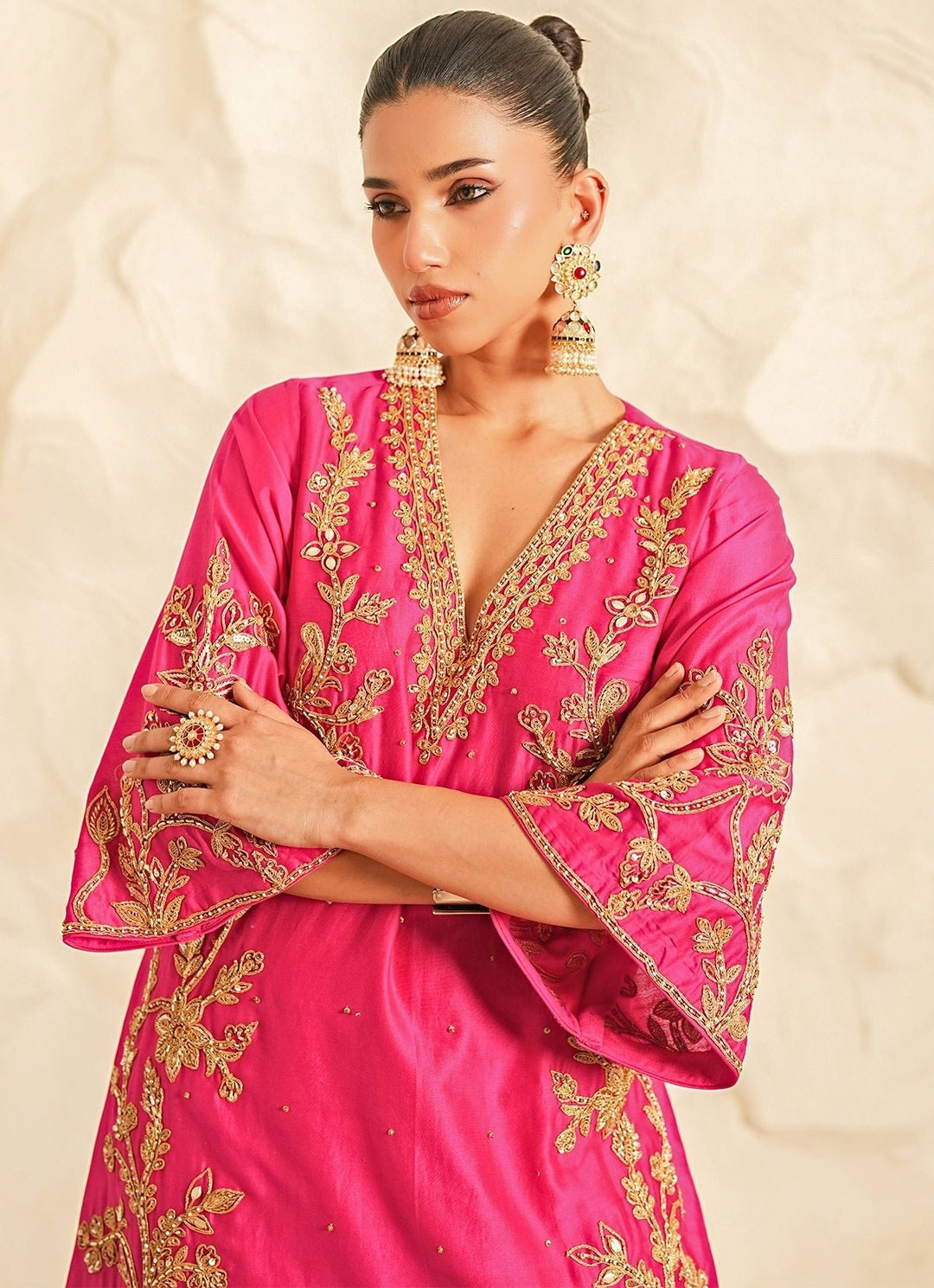 Nidhika Shekhar Hot Pink Embroidered Chanderi Kurta Pants SetFabilicious Fashion