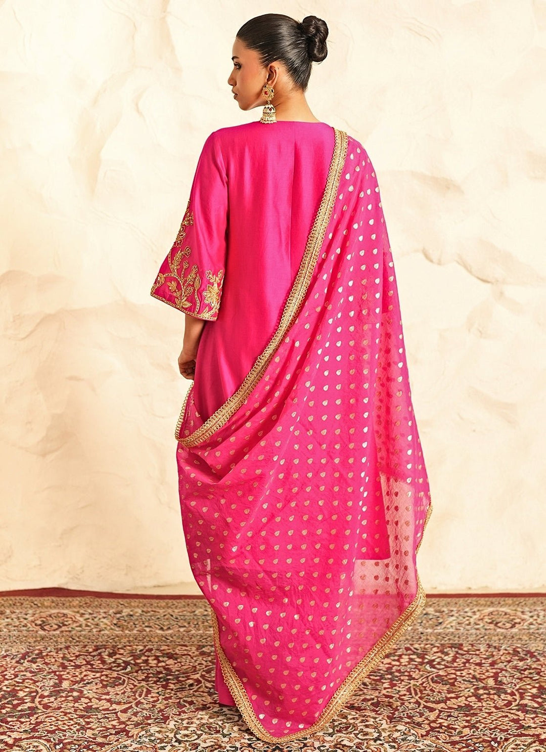 Nidhika Shekhar Hot Pink Embroidered Chanderi Kurta Pants SetFabilicious Fashion