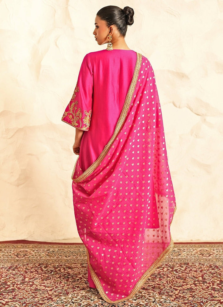 Nidhika Shekhar Hot Pink Embroidered Chanderi Kurta Pants SetFabilicious Fashion