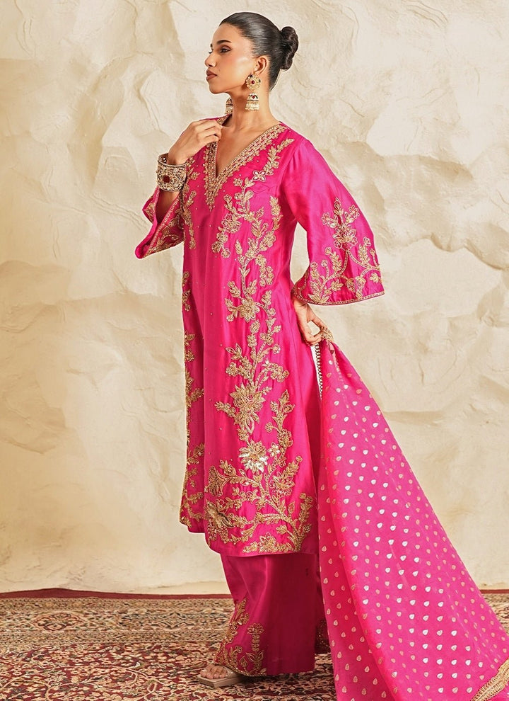 Nidhika Shekhar Hot Pink Embroidered Chanderi Kurta Pants SetFabilicious Fashion