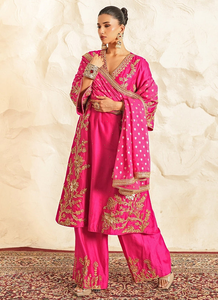 Nidhika Shekhar Hot Pink Embroidered Chanderi Kurta Pants SetFabilicious Fashion
