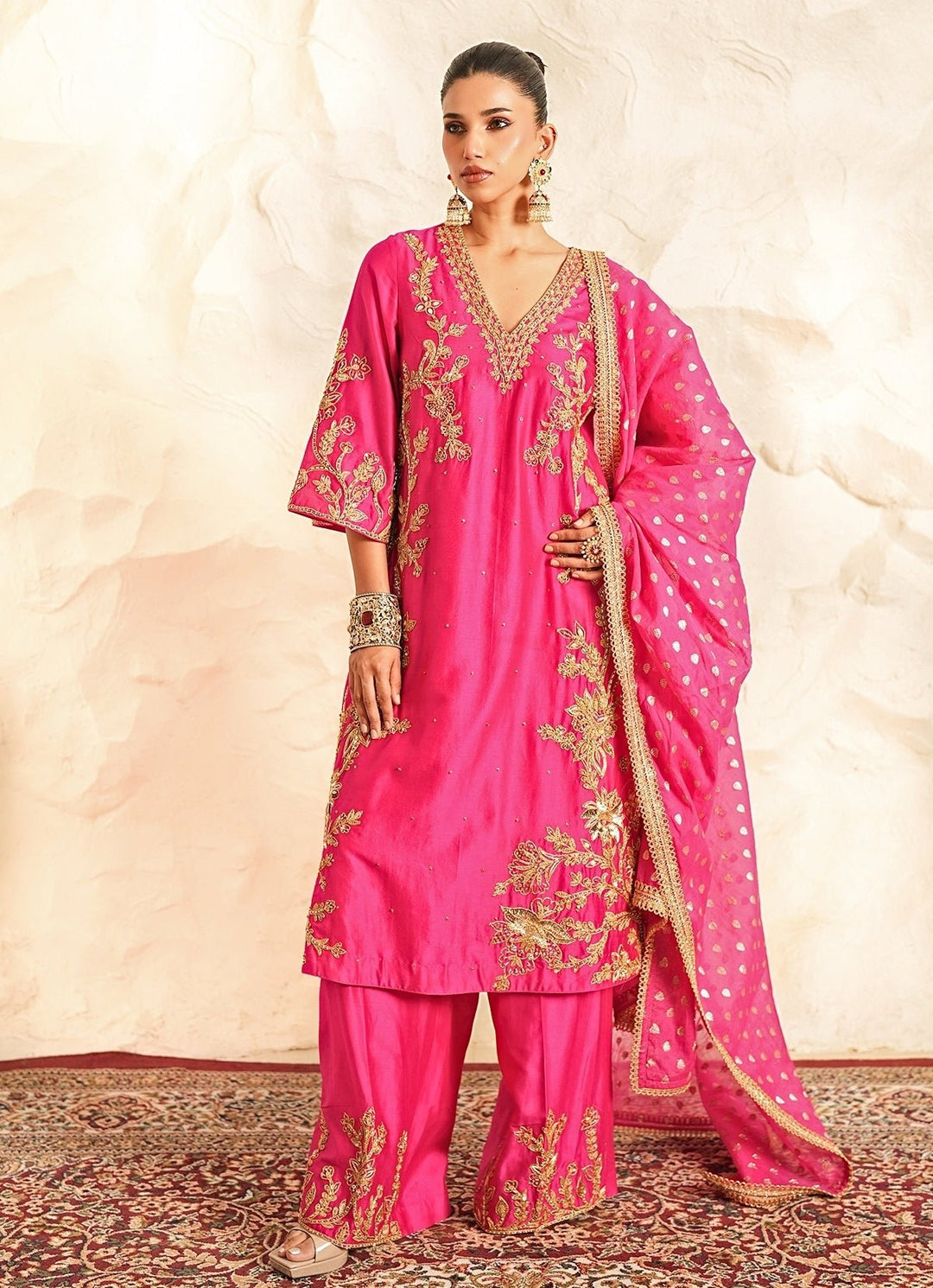 Nidhika Shekhar Hot Pink Embroidered Chanderi Kurta Pants SetFabilicious Fashion