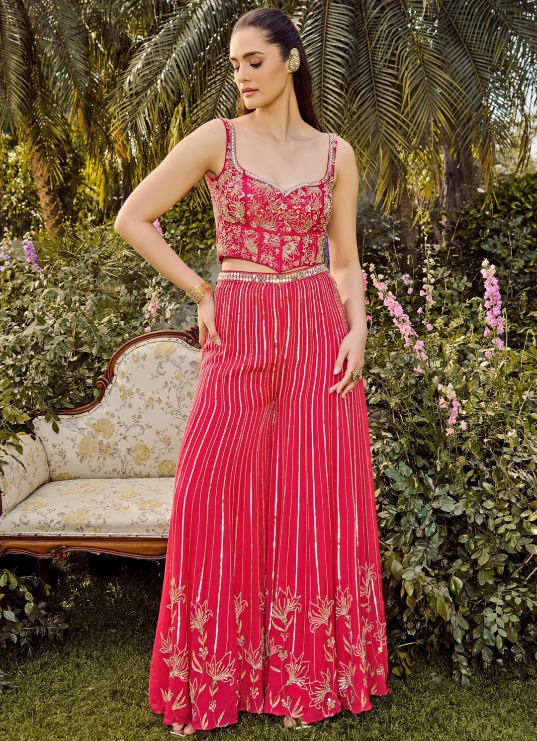 Hot Pink Embroidered Corset Pant Set Parul Gandhi - Fabilicious Fashion