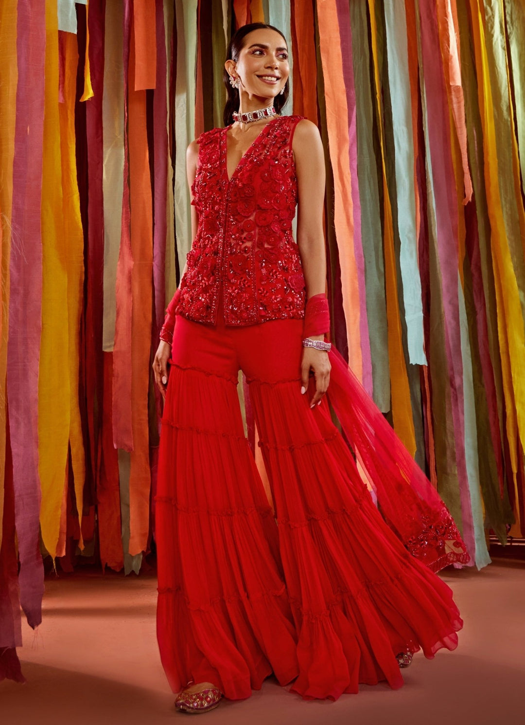 Hot Pink Embroidered Georgette Kurta Sharara Set Sanya Gulati - Fabilicious Fashion