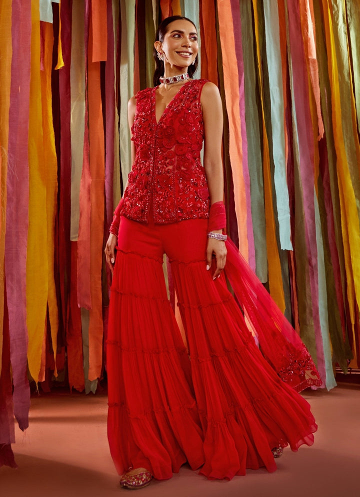 Hot Pink Embroidered Georgette Kurta Sharara Set Sanya Gulati - Fabilicious Fashion