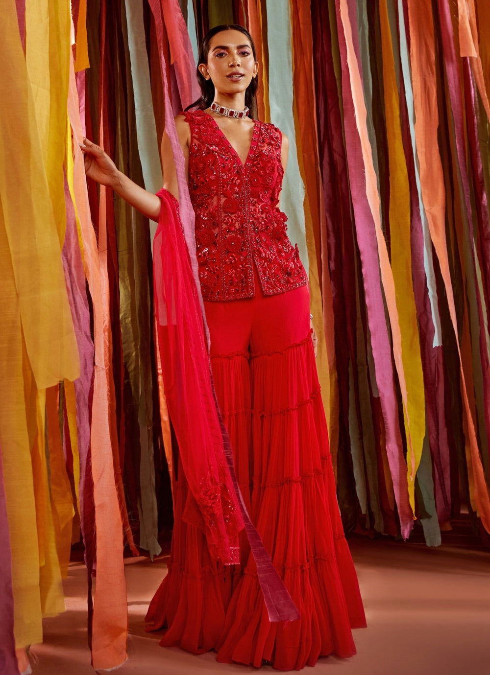 Hot Pink Embroidered Georgette Kurta Sharara Set Sanya Gulati - Fabilicious Fashion