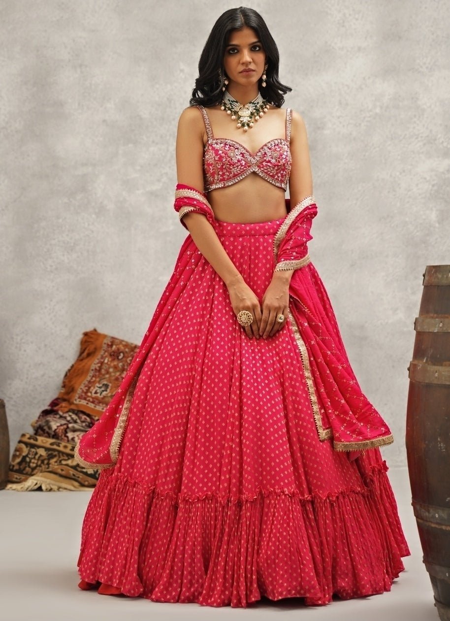 Hot Pink Embroidered Georgette Lehenga Set Kapda Dori - Fabilicious Fashion