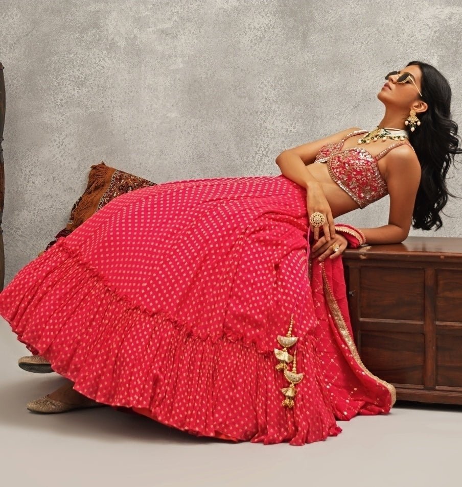 Hot Pink Embroidered Georgette Lehenga Set Kapda Dori - Fabilicious Fashion