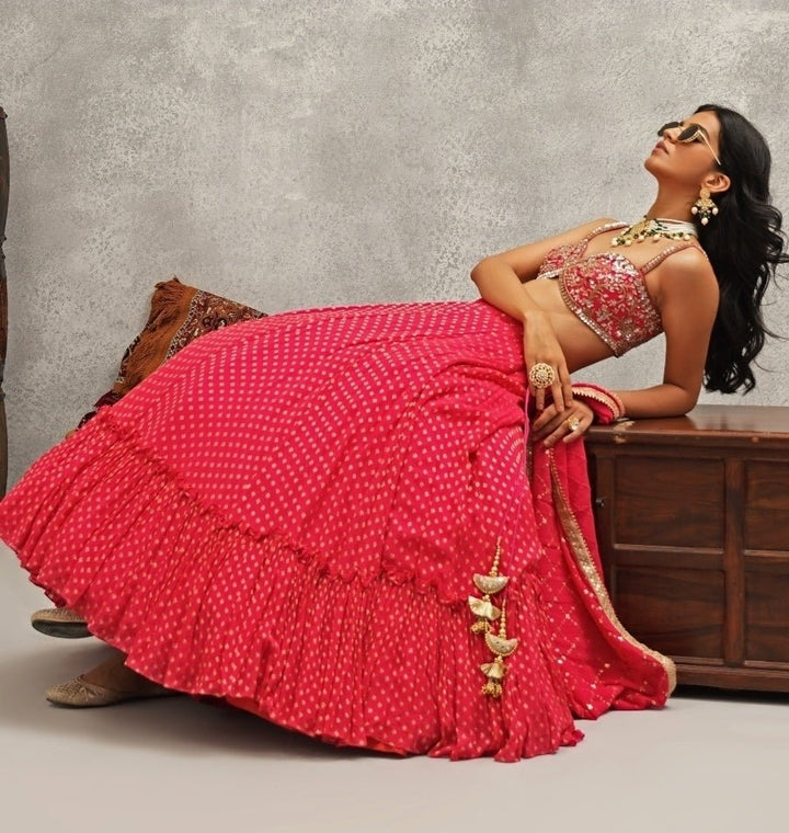 Hot Pink Embroidered Georgette Lehenga Set Kapda Dori - Fabilicious Fashion