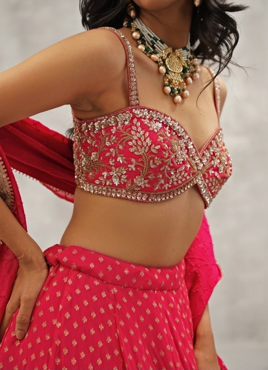 Hot Pink Embroidered Georgette Lehenga Set Kapda Dori - Fabilicious Fashion