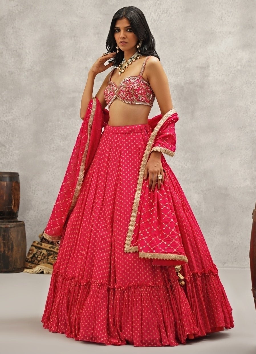 Hot Pink Embroidered Georgette Lehenga Set Kapda Dori - Fabilicious Fashion