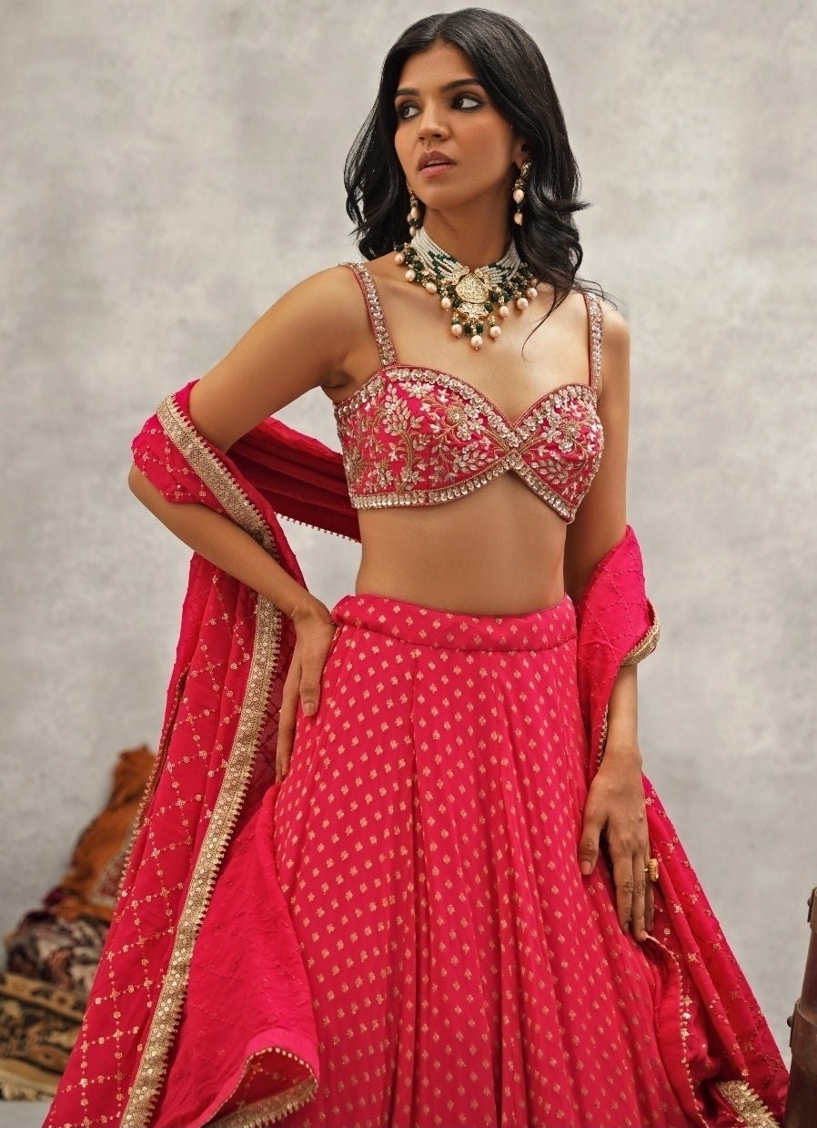 Hot Pink Embroidered Georgette Lehenga Set Kapda Dori - Fabilicious Fashion