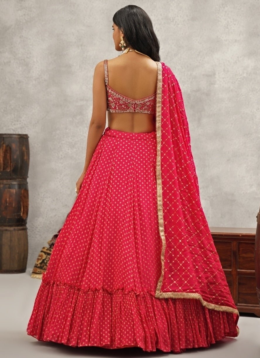 Hot Pink Embroidered Georgette Lehenga Set Kapda Dori - Fabilicious Fashion