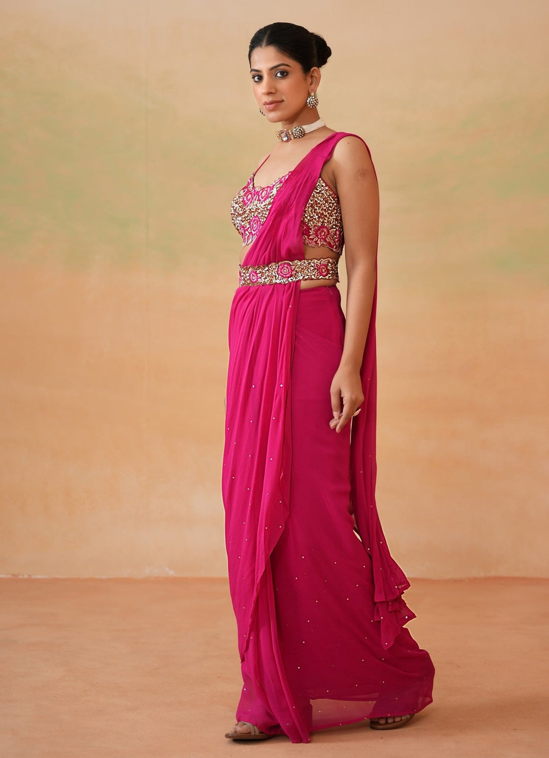 Hot Pink Embroidered Georgette Predraped Saree Deepika Chadha - Fabilicious Fashion