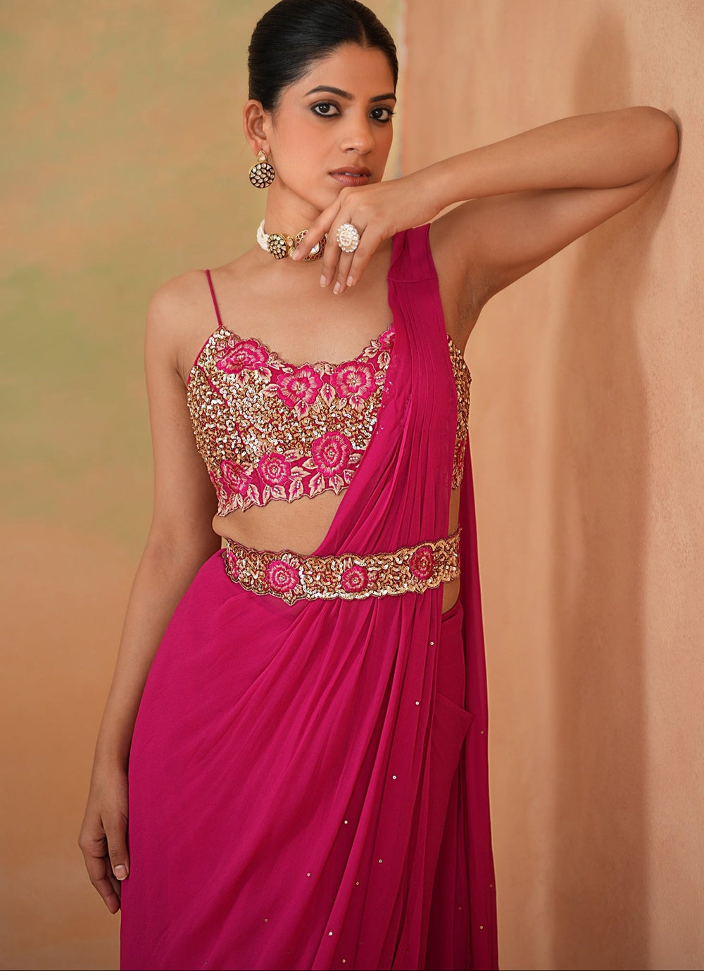 Hot Pink Embroidered Georgette Predraped Saree Deepika Chadha - Fabilicious Fashion