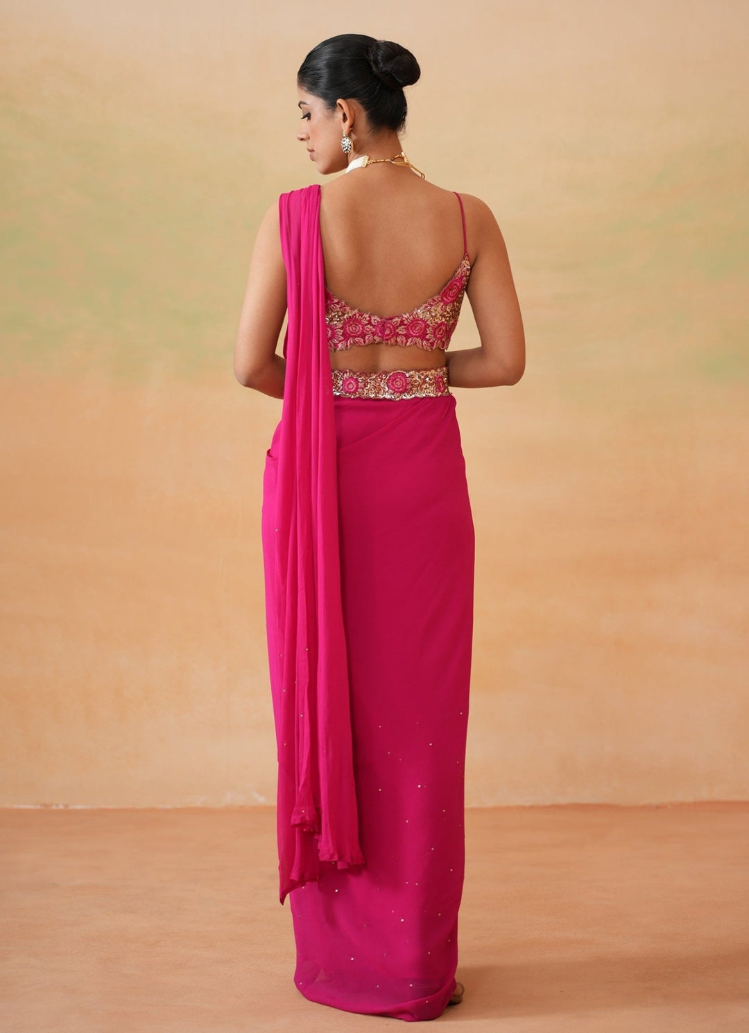 Hot Pink Embroidered Georgette Predraped Saree Deepika Chadha - Fabilicious Fashion