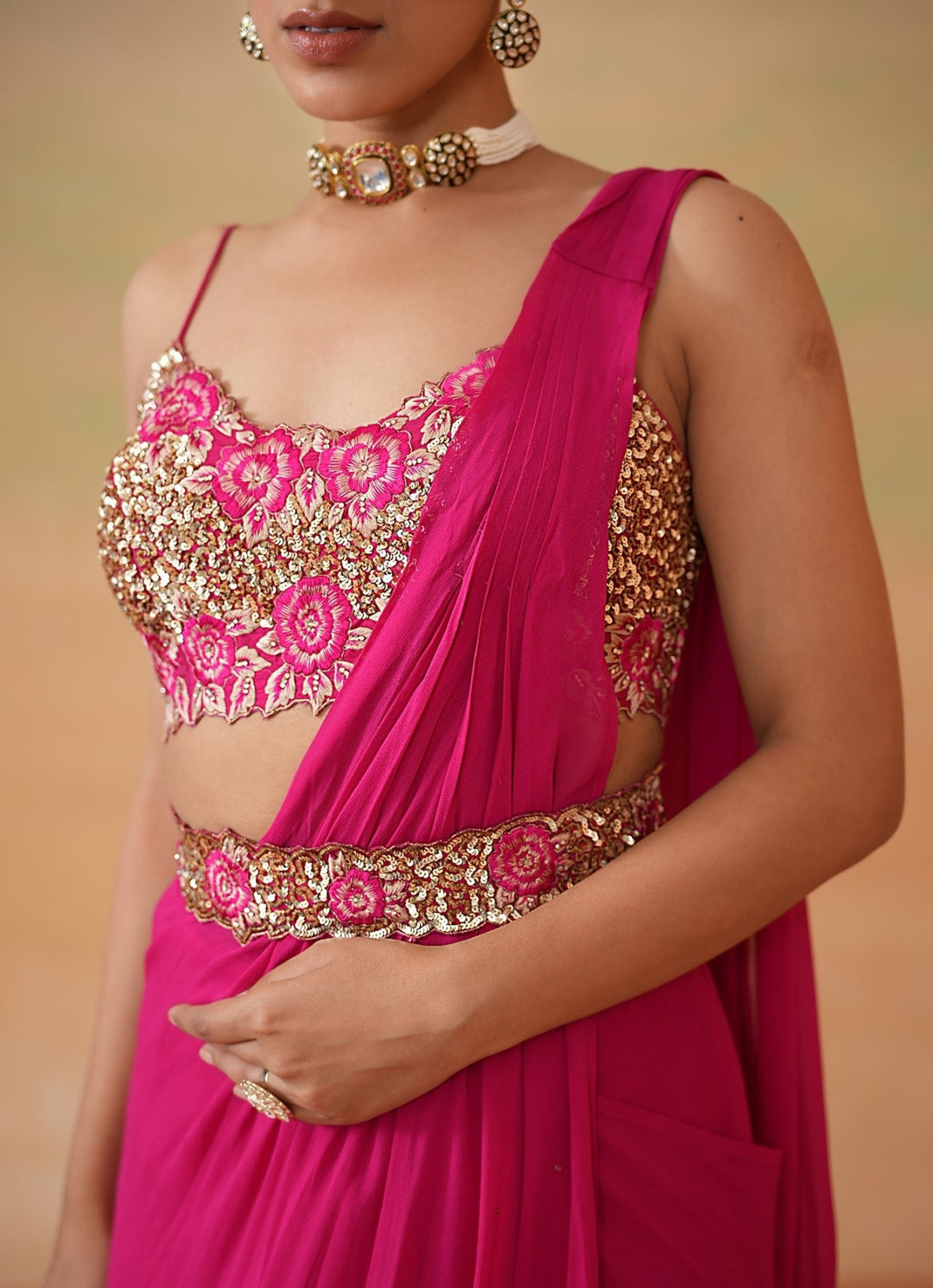 Hot Pink Embroidered Georgette Predraped Saree Deepika Chadha - Fabilicious Fashion