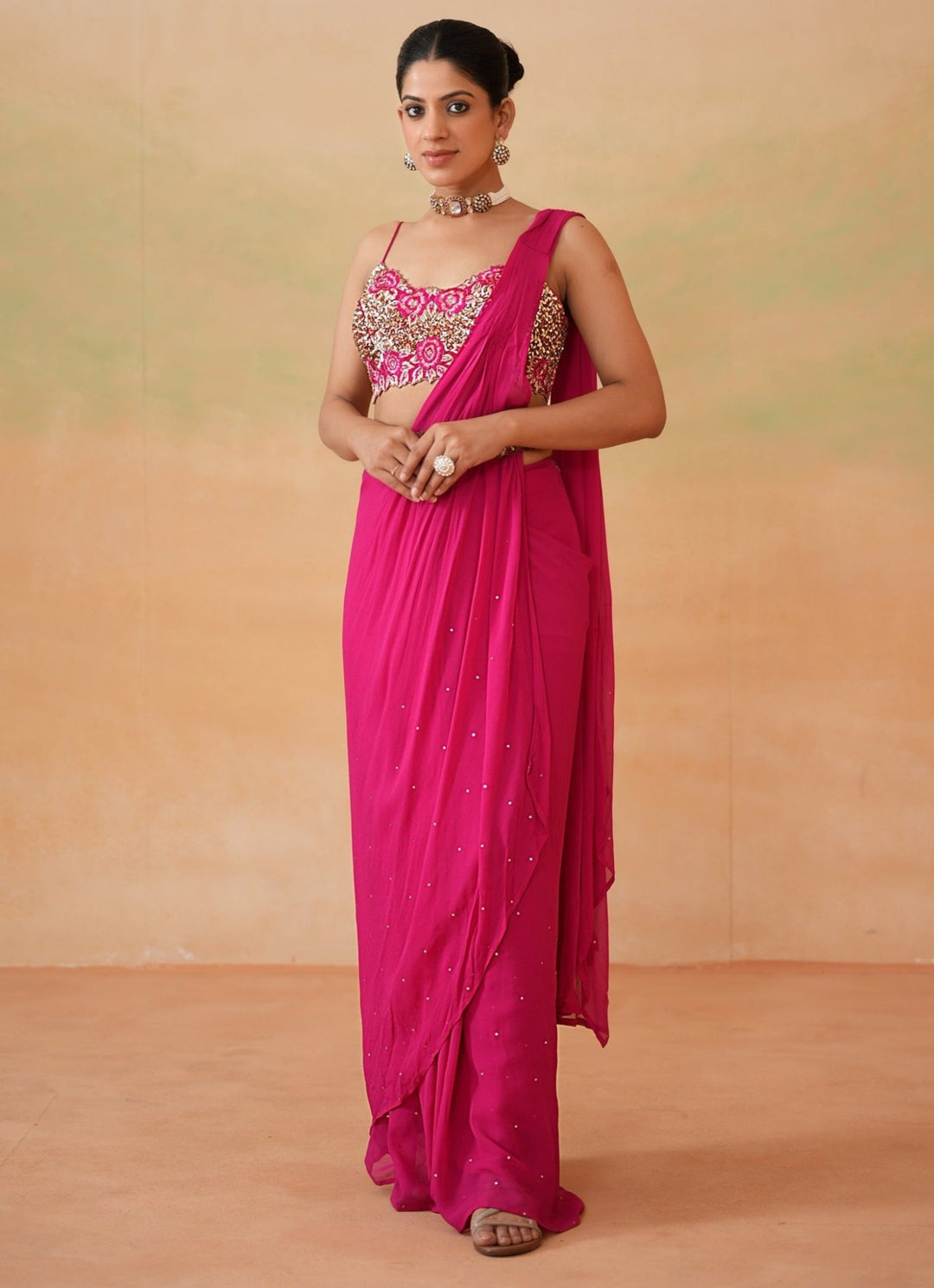 Hot Pink Embroidered Georgette Predraped Saree Deepika Chadha - Fabilicious Fashion