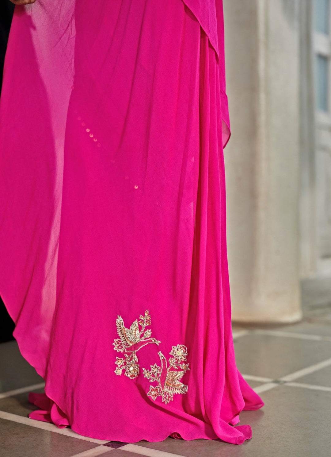 Hot Pink Embroidered Georgette Predraped Saree Paulmi and Harsh - Fabilicious Fashion