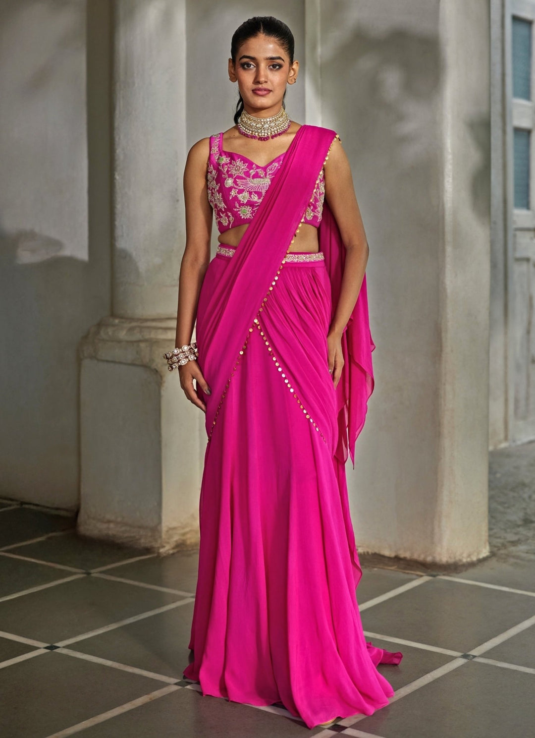 Hot Pink Embroidered Georgette Predraped Saree Paulmi and Harsh - Fabilicious Fashion